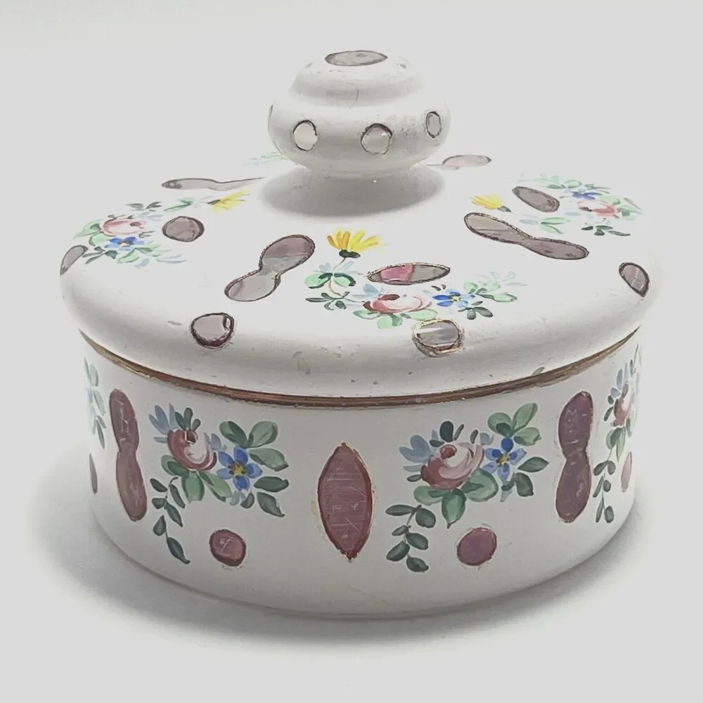 VTG Bohemian Czech Cased Milk Glass Hand Painted Trinket / Powder Jar Floral